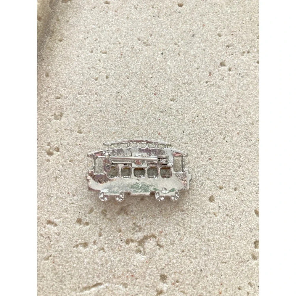 Trolley Cable Car Brooch Rhinestone Streetcar Train Travel Silver Tone Teal Blue